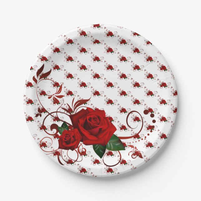 Prato De Papel Paper Plates,  Red Rose Floral (Frente)