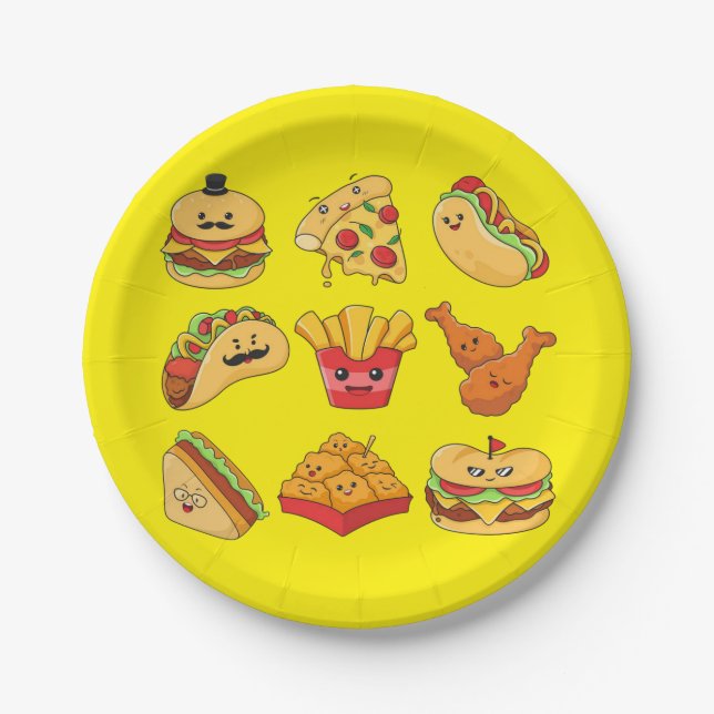Prato De Papel Paper Plates, Yellow Tacos Fries Hotdogs Hamburger (Frente)