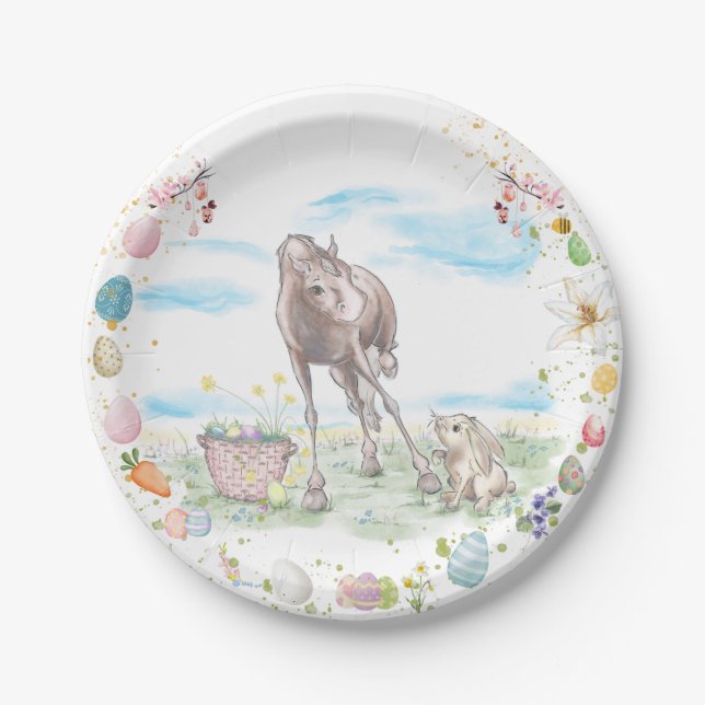 Prato De Papel Pappteller Ostermotiv, Süsses Hase mit Pferd (Frente)