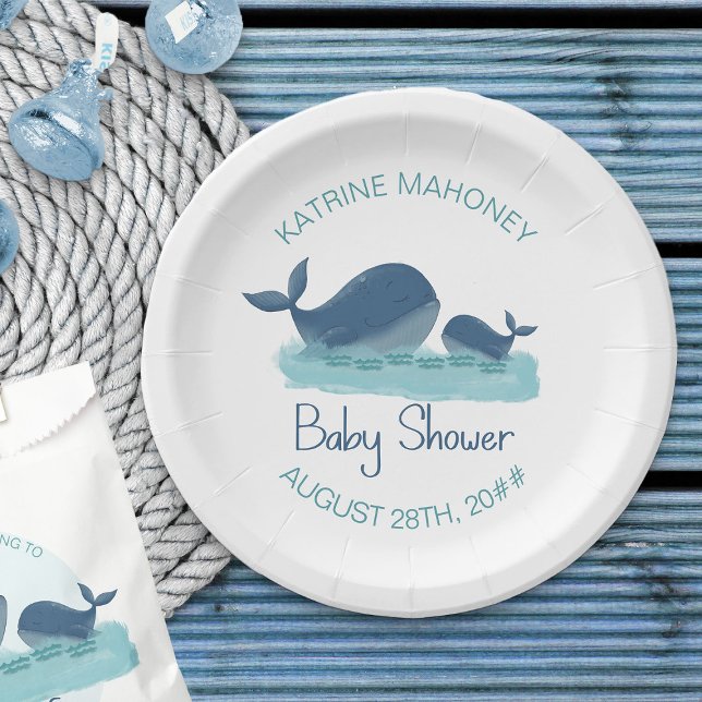 Prato de papel para chá de bebê baleia feliz (Ocean themed paper plates - Happy Whales Baby Shower Collection)