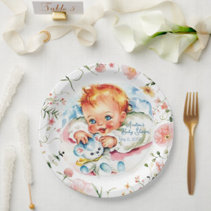 Prato de papel para chá de bebê menina vintage pas