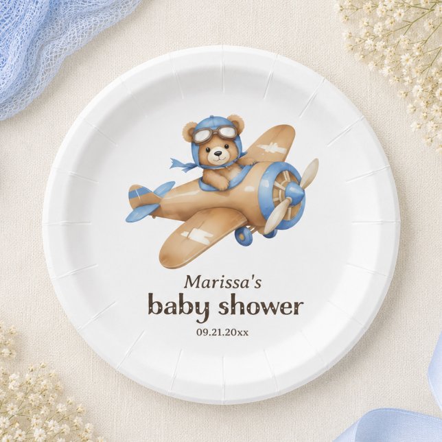Prato de Papel para Chá de Bebê Menino Urso de Pel (cute elegant whimsical teddy bear pilot baby boy shower paper plate with custom name and date)