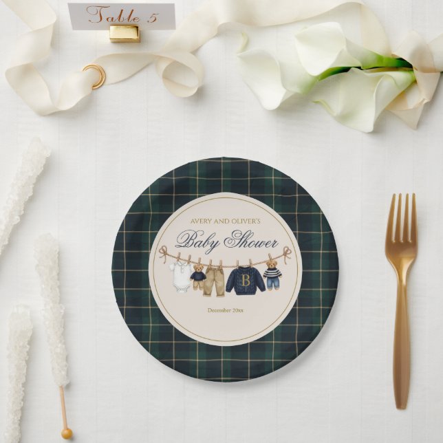 Prato de papel para chá de bebê xadrez ursinho de  (Casamento)