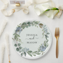 Prato de Papel para Chá de Casamento Eucalipto Azu