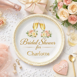 Prato de Papel para Chá de Noiva Champanhe e Rosas