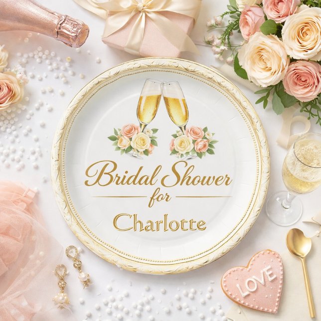 Prato de Papel para Chá de Noiva Champanhe e Rosas (Criador carregado)