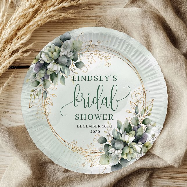 Prato de Papel para Chá de Noiva em Aquarela Verde (Greenery Gold Watercolor Bridal Shower Paper Plates)