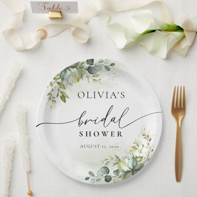 Prato de Papel para Chá de Noiva Floral de Eucalip (Casamento)