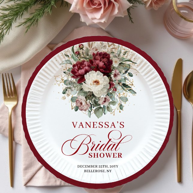 Prato de Papel para Chá de Noiva Glam Marsala Flor (Glam Marsala Floral Gold Bridal Shower Paper Plates)