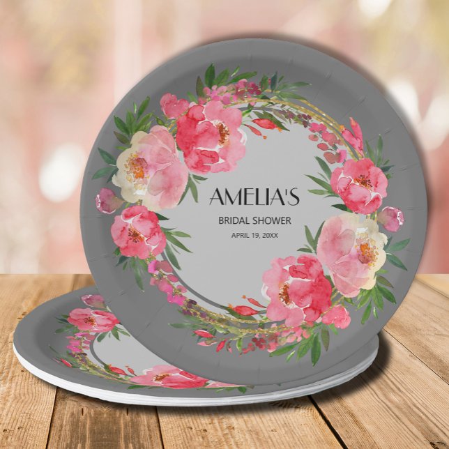 Prato de papel para chá de panela floral rosa em a (Watercolor pink and cream peony flowers on gray bridal shower paper plates)