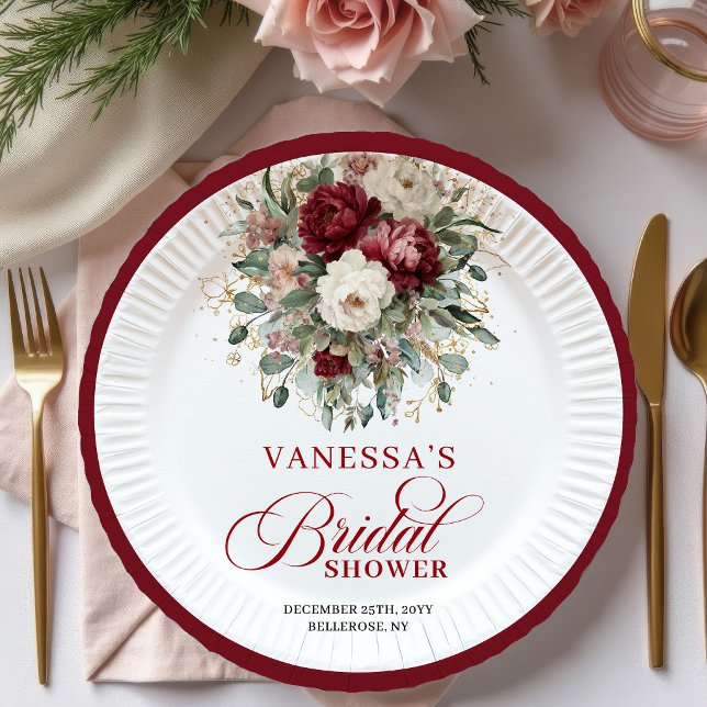 Prato de Papel para Chás de Noiva Floral Borgonha  (Delicate Burgundy Floral Bridal Shower Paper Plates)