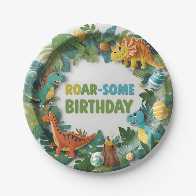 Prato de papel para festa de aniversário de dinoss (Frente)
