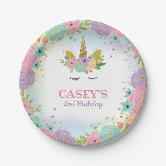 Prato de papel para festa de aniversário de unicór (Frente)