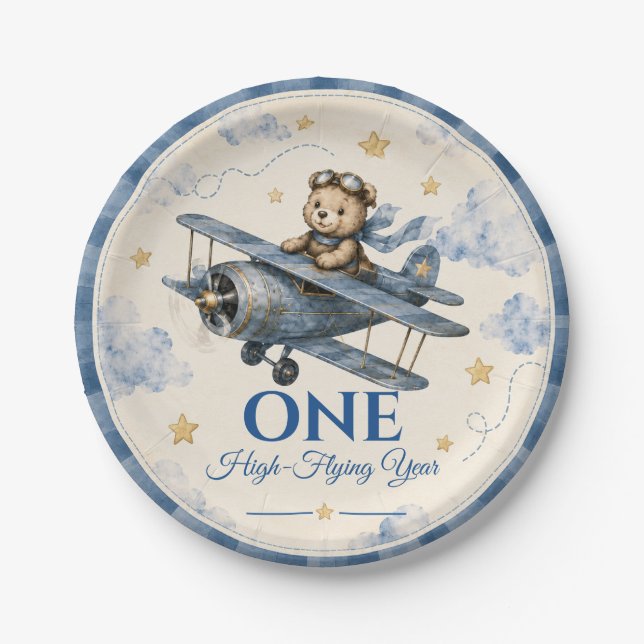 Prato de papel para primeiro aniversário de avião  (Frente)