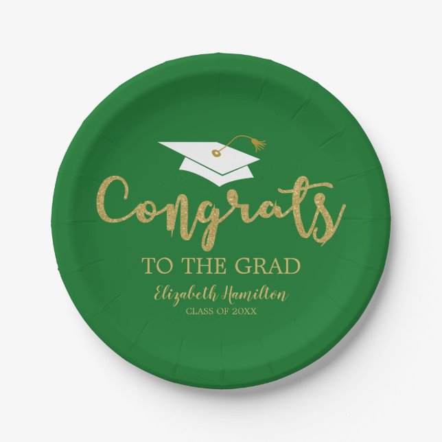 Prato De Papel Parabéns Ao Graduado Dourado Brilho Graduação Verd (Frente)