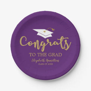 Prato De Papel Parabéns ao Graduado Dourado Brilho Roxo