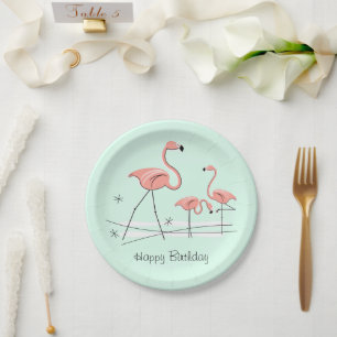 Prato De Papel Parabéns Flamingo Ocean Aqua Trio 2