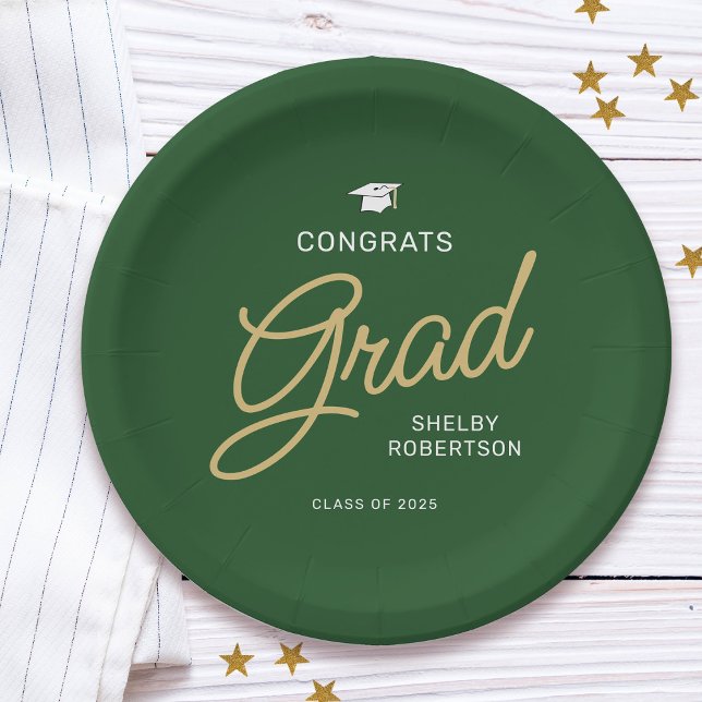 Prato De Papel Parabéns Graduado Moderno Script Verde Graduação (Criador carregado)