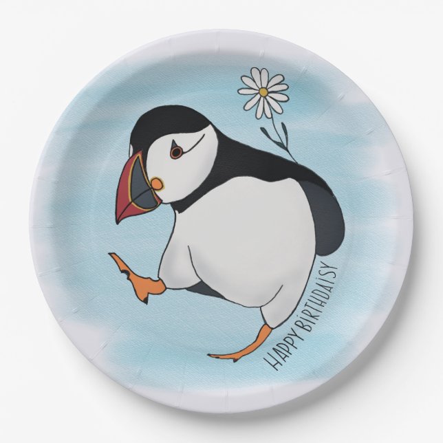 Prato De Papel Parabéns, puffin de aniversário (Frente)