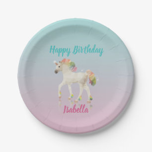 Prato De Papel Parabéns Rainbow Unicorn Name Paper Plate