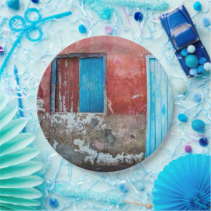 Prato De Papel Paredes, portas e janelas, vermelhas, azuis e cinz