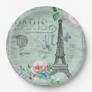 Prato De Papel Paris-Eiffel Torre-Flor-Floral-Vintage-Rosas