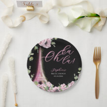 Parisian Black Pink Floral Paper Plate