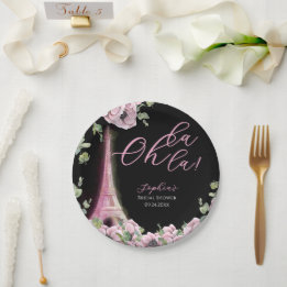 Prato De Papel Parisian Black Pink Floral Paper Plate