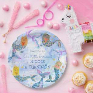 Prato De Papel Parrmaid cat sermaid Watercolor aniversário