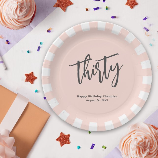 Prato De Papel Partido aniversário de 30 anos Rosa Simples (Celebrate 30 in festive style with this custom paper plate you can personalize with your specifics.)