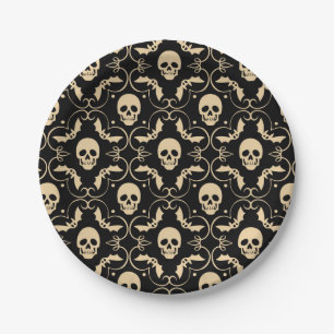Prato De Papel Partido Black & Cream Halloween Skulls & Bats