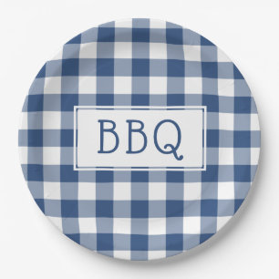 Prato De Papel Partido do CHURRASCO de Padrão de Gingham Azul e B