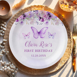 Prato De Papel Partido do primeiro aniversario da Borboleta Roxa 
