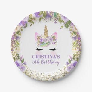 Prato De Papel Partido Dourado roxo mágico do unicórnio 7" plac