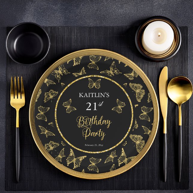 Prato De Papel Partido Elegante Black Dourado Butterflies anivers (Elegant Black and Faux Gold Glitter Butterflies 21st Birthday Party Flat Paper Plates)