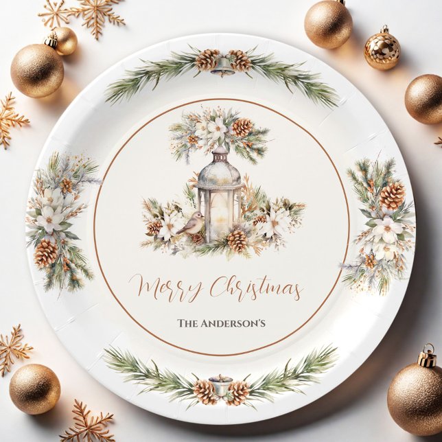 Prato De Papel Partido Jante de Natal Branco e Creme Elegante (Christmas Dinner Pine White and Cream Elegant Paper Plates)