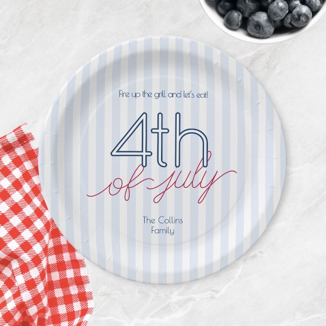 Prato De Papel Partido Modern Blue Strips 4 de julho de Verão (Modern Blue Stripes 4th of July Summer Party Paper Plates)
