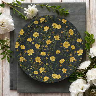 Prato De Papel Partido Padrão de Flor Amarelo Elegante