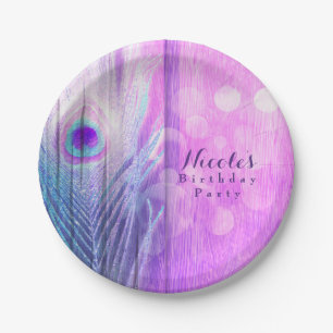 Prato De Papel Partido Personalizado Pic Pink e Blue Boho Feather