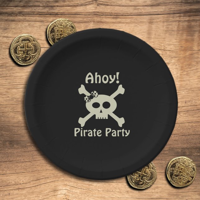 Prato De Papel Partido Pirata Bonito Crânio Cruzado Negro (Ahoy! Cute pirate paper plates for your pirate party)