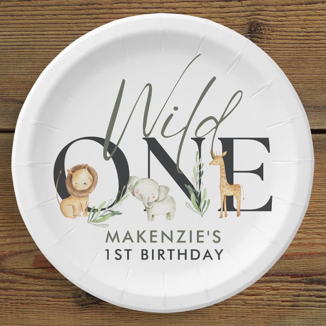Prato De Papel Partido primeiro aniversario Wild One Safari (White 'Wild One' themed 1st birthday plate with cute safari animals.)
