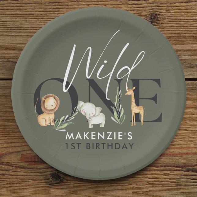 Prato De Papel Partido primeiro aniversario Wild One Safari (Safari-themed 'Wild One' 1st birthday plate with a lion, elephant, and giraffe illustrations.)