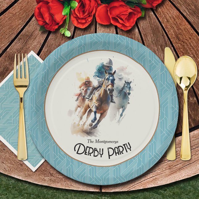 Prato De Papel Partido Racecavalo Derby (Racehorses and Jockeys Turquoise Derby Party Paper Plates)