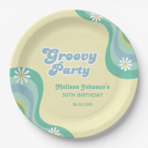Prato De Papel Partido Retro Groovy Daisies Yellow Birthday