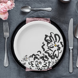 Prato De Papel Partido Simples de Desenho de Flor Preto e Branco