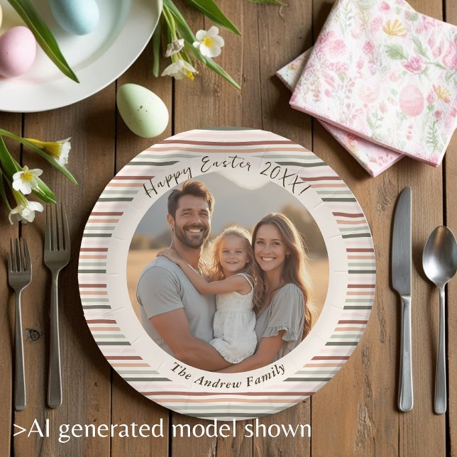 Prato De Papel Páscoa Boho Listrada com Foto e Nome (Striped Boho Easter with Photo & Name Paper Plates)