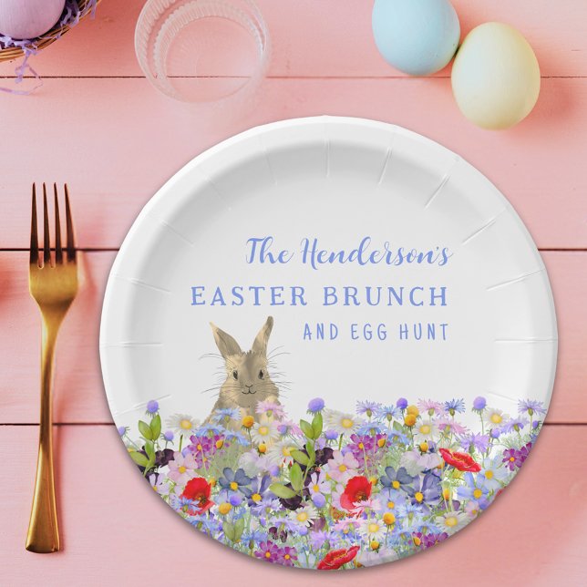 Prato De Papel Páscoa Brunch e Ovo Caça Coelhinho Floral (Personalized easter egg hunt spring brunch cute bunny wildflower floral paper plate)