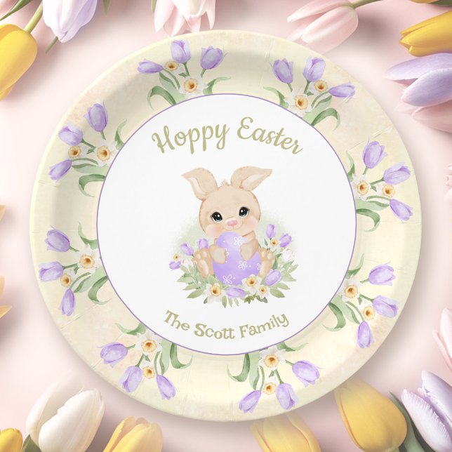 Prato De Papel Páscoa Brung Caça Amarelo Roxo Nome do Coelhinho (Easter Brunch Egg Hunt Yellow Purple Bunny Name Paper Plates)