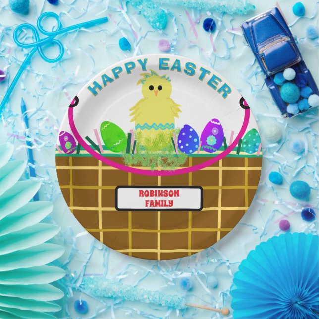 Prato De Papel Páscoa Cesto Amarelo Azul Pintinho Strike Ovo (Festa)