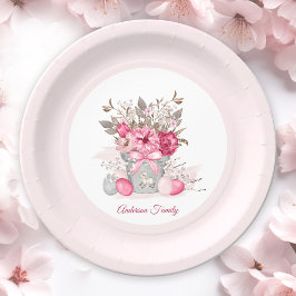 Prato De Papel Páscoa Floral Rosa Brunch Nome da Família de Ovos